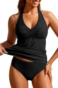 lot 1840 image: Womens Halter Tankini Swimsuit - Tummy Control Bathing Suit Two Piece Swimsuit V Neck Swimwear 2025 Black L - Retail $37