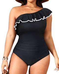 lot 1857 image: Aqua Eve Plus Size Bathing Suits for Women One Piece Swimsuits One Shoulder Ruffle Tummy Control Black and White Swimwear 18W - Retail $34