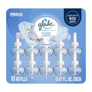 lot 1889 image: Glade PlugIns Refills Air Freshener, Scented and Essential Oils for Home and Bathroom, Clean Linen, 6.7 Fl Oz, 10 Count - Retail $21