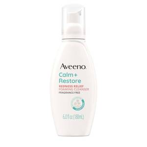 lot 1930 image: Aveeno Calm  Restore Redness Relief Foaming Cleanser, Daily Facial Cleanser With Calming Feverfew to Help Reduce the Appearance of Redness, Hypoallergenic & Fragrance-Free, 6 fl. oz - Retail $10