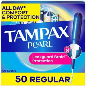 lot 1941 image: Tampax Pearl Tampons for Women, with LeakGuard Braid, Regular Absorbency, Unscented, 50 Count - Retail $11