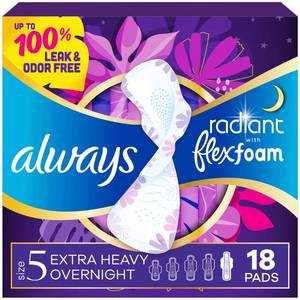 lot 1948 image: Always Radiant Overnight Feminine Pads for Women Extra Heavy Nighttime with Wings- Scented - Size 5 - 18ct - Retail $9