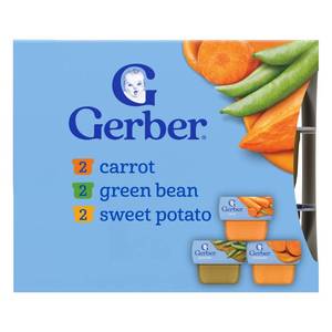 lot 1966 image: Pack of 2 Gerber Non-GMO Baby Food Stage 1 My 1st Veggies Starter Kit Puree Tubs 2oz6pk Carrot, Sweet Potato, Ready to Eat - Retail $26