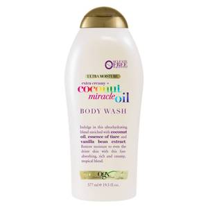 lot 1993 image: OGX Extra Creamy  Coconut Miracle Oil Ultra Moisture Body Wash, Rich Shower Gel for Dry Skin Infused with Coconut Oil, Body Wash for Women, Sulfate-Free Surfactants, 19.5 fl. oz - Retail $7