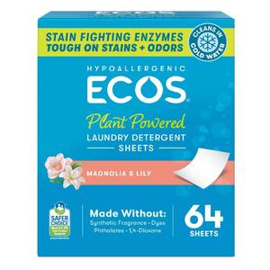 ECOS Laundry Detergent Sheets Vegan, No Plastic Jug, No Mess, Liquid Free - Hypoallergenic, Plant Powered Laundry Detergent Sheet - Magnolia & Lily - 64 Count (Pack of 1) - Retail: $13