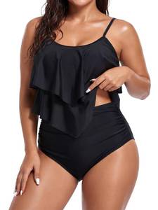 lot 2077 image: Black Bikini Set High Waisted Two Piece Swimsuits for Women Ruffled Flounce Top Bathing Suits Bikini Black medium - Retail $26