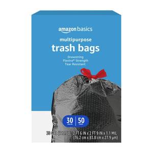 lot 2086 image: Amazon Basics Flextra Multipurpose Drawstring Trash Bags, 30 Gallon, 50 Count, Tear Resistant - Retail $13