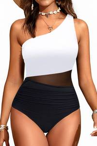 lot 2137 image: Yonique Women One Piece One Shoulder Swimsuit Mesh Bathing Suit Tummy Control Swimwear Black and White S - Retail $34