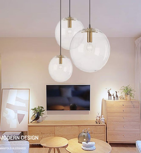 lot 5100 image: HXD Global Spherical LED Clear Glass Hanging Light, Creative Single Pendant Light, Ceiling Light Base on E27 Gold Lamp Holder (25CM) - Retail $80