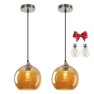 lot 5107 image: Fiabtool 7.1in Medium Amber Glass Pendant Light for Kitchen Island, 2-Pack with Extra LED Bulbs & 4.92ft Adjustable Cord  Modern Minimalist Lighting for Dining Room, Living Room, Entryway - Retail $79