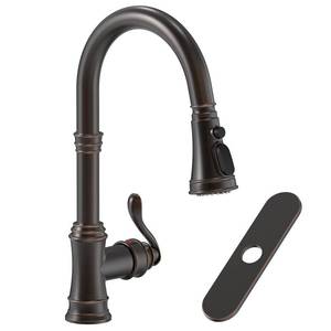lot 5108 image: Homevacious Oil Rubbed Bronze Kitchen Faucet with Pull Down Sprayer 3 Spray Modes Vintage Single Handle Antique Brass Sink Faucet 1 or 3 Hole with Deck Plate Supply Lines for Farmhouse Camper Rv Bar - Retail $100