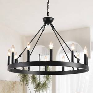 lot 5111 image: VBKK Wagon Wheel Chandelier 32 12-Light, Round Black Chandeliers Farmhouse Modern Wagon Wheel Light Fixtures, for High Ceiling Dining Living Room, Foyer, Entryway - Retail $180