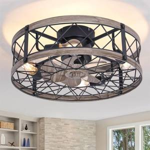 lot 5113 image: REDSTAR Flush Mount Caged Ceiling Fan with Lights, 20 Small Bladeless Ceiling Fans with Remote, Rustic Low Profile Ceiling Fans 6-Speeds Reversible Enclosed Ceiling Fan for Bedroom Kitchen Farmhouse - Retail $100