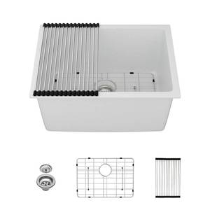 Kichae 24 Laundry Room Sink - 24"x18"x12" White Granite Composite Undermount Laundry Utility Sink White Quartz 12" Deep Under Counter Single Bowl Sink Basin - Retail: $299