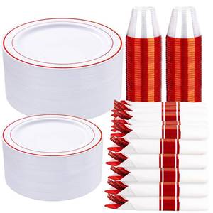 lot 5140 image: WELLIFE 700 Pieces Red Plastic Plates - Disposable Silverware and Cups, Include 100 Dinner Plates 10.25, 100 Dessert Plates 7.5, 100 Red Cups 9 OZ, 100 Plastic Cutlery - Retail $103