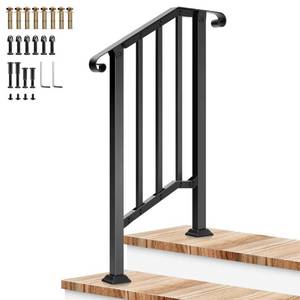 lot 5145 image: VIVOSUN Outdoor Handrail, 2 Step Stair Handrail, 26 x 36 Fits 1 to 2 Steps, Wrought Mattle Iron Stair Railing with Curved Ends and Balusters for Concrete Steps, Porch Steps, One-step Assembly, Black - Retail $76