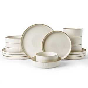 lot 5148 image: Famiware Star 16-Piece Stoneware Dinnerware Sets with Trim, Service for 4 - Shallow Pasta Bowls & Flat Plates, Modern Rustic Ribbed Dishes, Chip & Scratch Resistant, Microwave & Dishwasher Safe, White - Retail $108