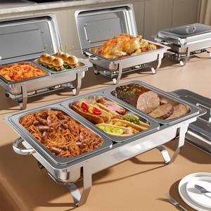 lot 5149 image: Amhier Chafing Dishes for Buffet 9Qt 4 Pack Multi-Size Food Pans Stainless Steel Chafing Dishes Sturdy and Durable Chafing Dish Buffet Set for Weddings & Parties & Festival, Silver - Retail $150
