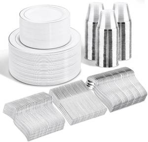 lot 5150 image: WELLIFE 600 Pcs Sliver Disposable Dinnerware for 100 Guests, Dinnerware Set of 100 Dinner Plates, 100 Salad Plates, 100 Spoons, 100 Forks, 100 Knives, 100 Cups - Retail $58