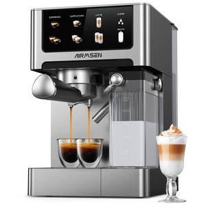 lot 5152 image: AIRMSEN 20 Bar Espresso Machine with Automatic Milk Frother, Cappuccino & Latte Coffee Maker with Quick Brew Dual Boiler (1350W  1000W), Stainless Steel, 60oz Water Tank, Touchscreen - Retail $150