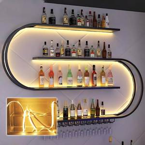 lot 5161 image: amhricho 47.2in Large Wall Mounted Wine Rack with LED Light, 4-Tiers Half Round Wine Rack with Wine Glass Hooks, Iron Wine Bottle Display Rack for Kitchen, Home Bar, Cafe (BLACK, 47.2  7.87  47.2IN) - Retail $215