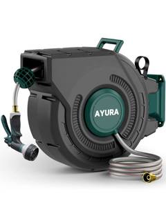 lot 5168 image: AYURA Retractable Garden Hose Reel 100 ft x 12 inch with Pro Metal Shaft, Heavy Duty Automatic Garden Hose Reels with Kink-Free Rewind and Lock at Any Length, Wall Mount Water Hose Reel for Outside - Retail $133