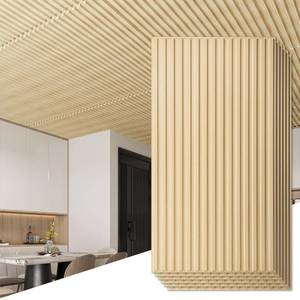 lot 5172 image: Art3d 12-Pack Slat Design 3D Wall Panels for Interior Wall Decor, 2x4 FT PVC Decorative Drop Ceiling Tiles - Oak, 24 x 48in. - Retail $150
