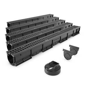 lot 5175 image: Vodaland - 3 Inch Trench Drain System with Outlet - Black (5) - Retail $124