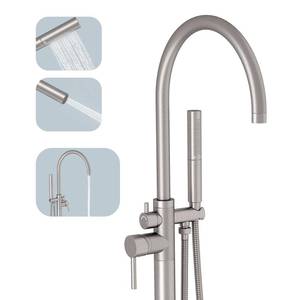 lot 5180 image: BESy Freestanding Bathtub Faucet Tub Filler Free Standing Floor Mount Stand Brass Bathroom Tub Faucets Sets with 2 Function Hand Sprayer Shower Wand Swivel Spout, Brushed Nickel Finish - Retail $170