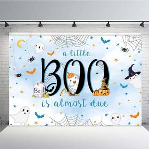lot 2677 image: MEHOFOND 7x5ft Halloween Baby Shower Backdrop a Little Boo is Almost Due Blue Watercolor for Boy Background with Spider Web Baby Shower Party Banner Decor Photo Booth Studio