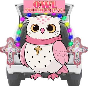lot 2686 image: Halloween Religious Trunk Or Treat Car Decorations Kit, Owl Religious Themed Banner with Cross Balloons for Suv Church Archway Garage Door Halloween decorations