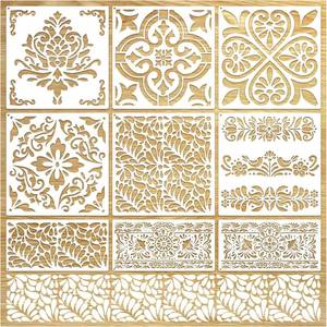 lot 2726 image: Lor of 2, Talavera Stencils for Painting on Walls Wood, 12 Inch Mexican Stencil for Tile Floor Crafts Reusable Burning Drawing Art Paint for Furniture Canvas Wallpaper (Mexican9)