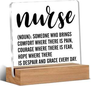 lot 2842 image: Oqtumes Nurse Definition Decorative Signage - 4x4 inches Acrylic Sign with Wooden Stand for Desk, Table, Shelf - Multicolor
