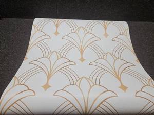 lot 2924 image: Stickyart Luxury Gold Art Deco Wallpaper Peel and Stick Modern Wallpaper Removable Metallic Gold Minimalist Fan Pattern Contact Paper for Cabinets Accent Wall Powder Room 17.5x80