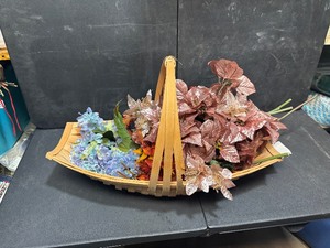 lot 26369 image: Wooden Basket w Misc. Fake Flowers