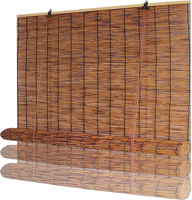 lot 341998 image: Retro Bamboo Roll up Blinds, Outdoor Reed Shades for Patio &amp Porch, Waterproof Roller Window Shades with Lift, Blackout Privacy Screen for Home Garden, 24 36 48 60 72 Wide Brown(30 W x 72 H)