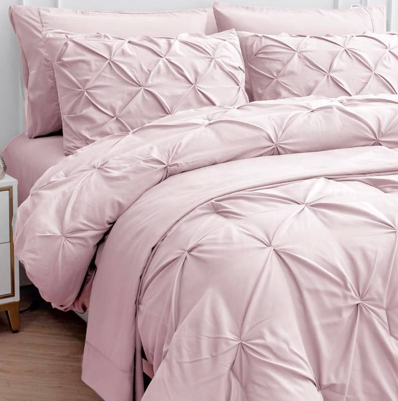 lot 360992 image: Lane Linen King Size Comforter Set - 7 Piece Bedding, Pintuck Bed in a Bag, Pink With Sheets, Pillowcases & Shams - Pinch Pleated, Sepia Rose