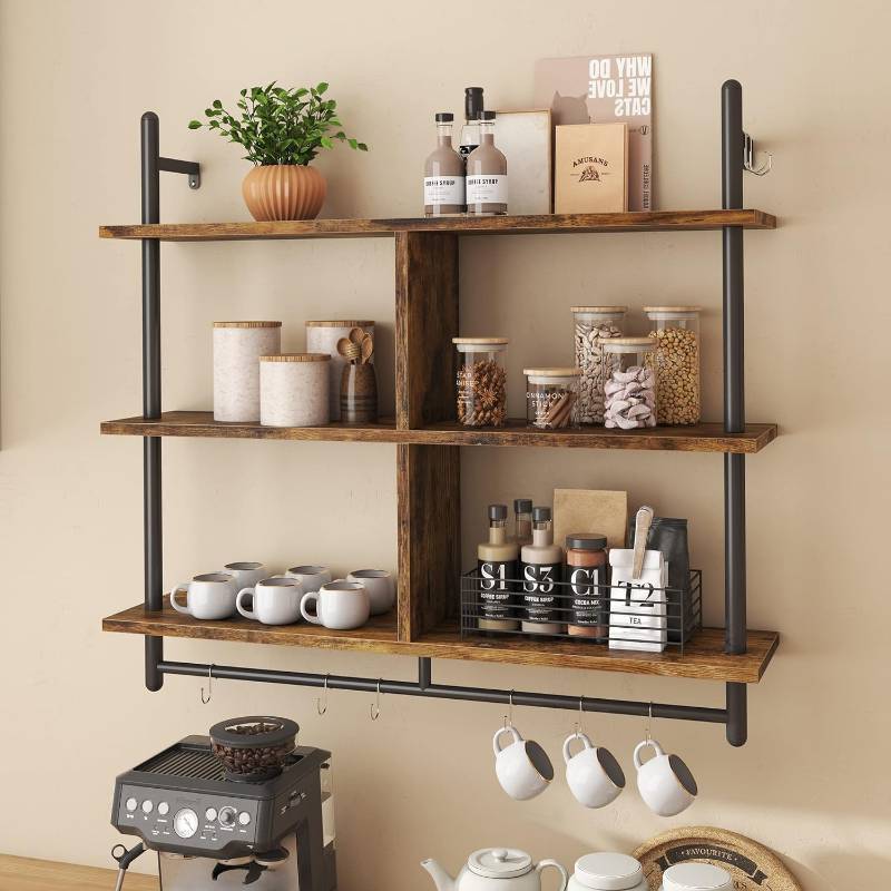 lot 141857 image: Bestier Floating Pipe Shelving Kitchen Shelves Wall Mounted 3 Tier 41.5 Ladder Coffee Bar Shelf Hanging with Circular Tube, Display Bookshelf Storage for Living Room Kitchen, Rustic Brown