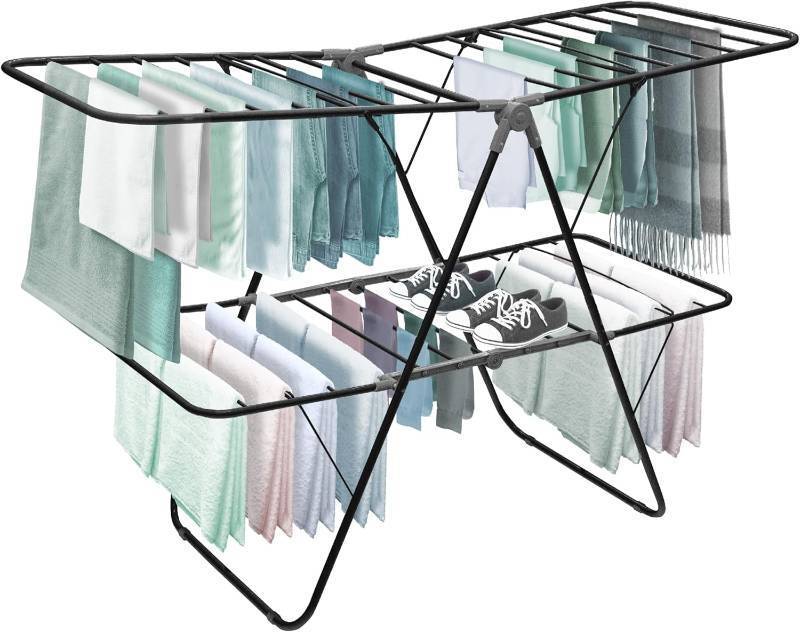 lot 441756 image: Brookstone 2 Tier Folding Rack IndoorOutdoor Collapsible Clothes Dryer Stand Laundry or Shoe Rack,Heavy Duty Freestanding Garment Hanger, Foldable, Portable Air Dry Holder