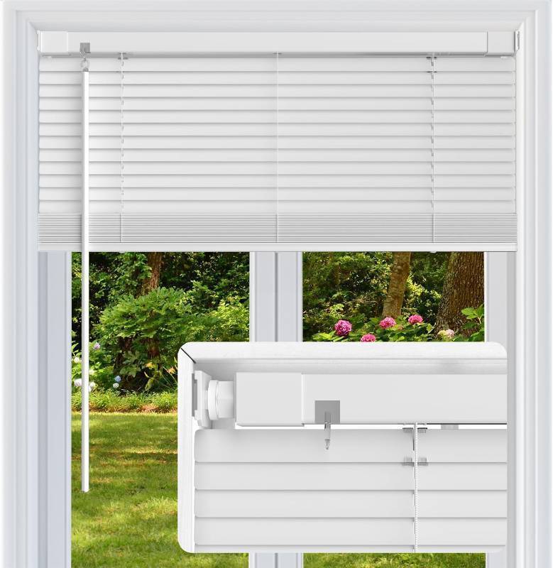 lot 351426 image: No Drill No Tool 1 Vinyl Mini Blinds, Light Filtering Horizontal Window Blinds & Shades, Cordless Blinds for Windows, 23 W X 48 H, White