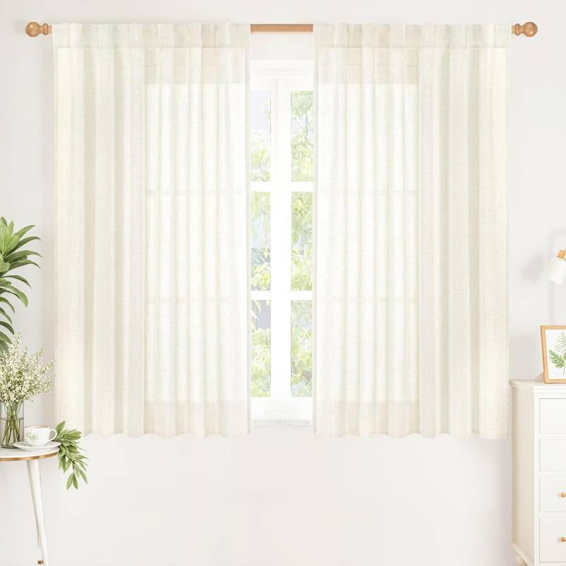 lot 411162 image: YoungsTex Ivory Linen Curtains 40 Inch Length, Rustic Short Semi Sheer Drapes Light Filtering with Rod Pocket Back Tab for Bathroom Living Room Window, 2 Panels, 42 X 40 Inch