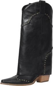 lot 221434 image: Women Shark Boots Knee High Cowboy Cowgirl Fold Over Chunky Heel Snip Toe Pull On Studded Boots for Women