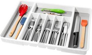 lot 321313 image: madesmart Silverware White Expandable Tray Classic Collection  8-Compartments  Icons to Help sort Flatware, Cutlery, Utensils  Soft-Grip Lining  BPA-Free
