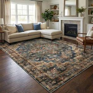 lot 421421 image: Garvee Washable Rug Blue Brown 8x10 Area Rug for Living Room Vintage Border Style Flat Pile Indoor Rug for Bedroom Dining Room Decor  Blue Brown