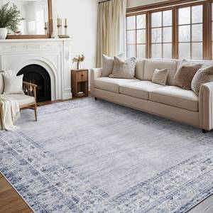 lot 421425 image: Garvee Washable Area Rug 9x12 Solid Border Rugs for Living Room Stain Resistant, Non-Shedding Distressed Neutral Carpet Non-Slip Bedroom Large Carpet for Farmhouse Bedroom Dining Table, Blue