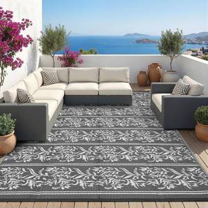 lot 421428 image: Garvee Outdoor Rugs 8x10 Waterproof Reversible Mat Boho Leaf Patio Rug with 4 Stakes and Starage Bag, Large Outdoor RV Mat Rugs for Camping, Picnic, Balcony, Deck, Backyard, Grey & White
