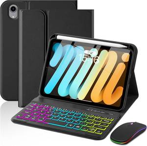lot 421433 image: EAMPANG Case with Keyboard Mouse for iPad mini 7th(A17 Pro,2024)6th Generation 8.3 inch,7 Color Rainbow Backlight Detachable USB-C Keyboard Magnetic Case with Pen Slot for iPad mini 6 7 Black