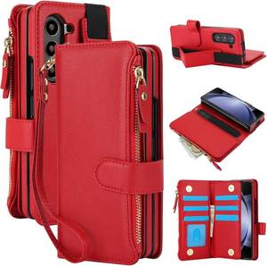 lot 421438 image: for Samsung Galaxy Z Fold 7 Wallet Case with 7 Credit Card Slots and Cash Slot Zipper Pocket,Wristband, RFID Blocking S Pen Holder Magnetic Clasp Kickstand.(Red)
