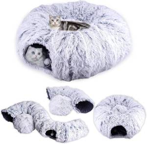lot 421445 image: Cat Tunnel Bed for Indoor Cats - Large 3-in-1 Donut Tunnel, Peekaboo Cave With Washable Cushion, Multifunctional Toys for Cats and Rabbits (No Plush)