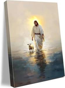lot 9187266 image: Jesus Walking on Water Canvas Wall Art with Lamb Jesus Picture for Wall Christian Painting Poster for Living Room Bedroom Dining Room Church Decor 12  18 IN(Stretched Canvas on A Wooden Frame)